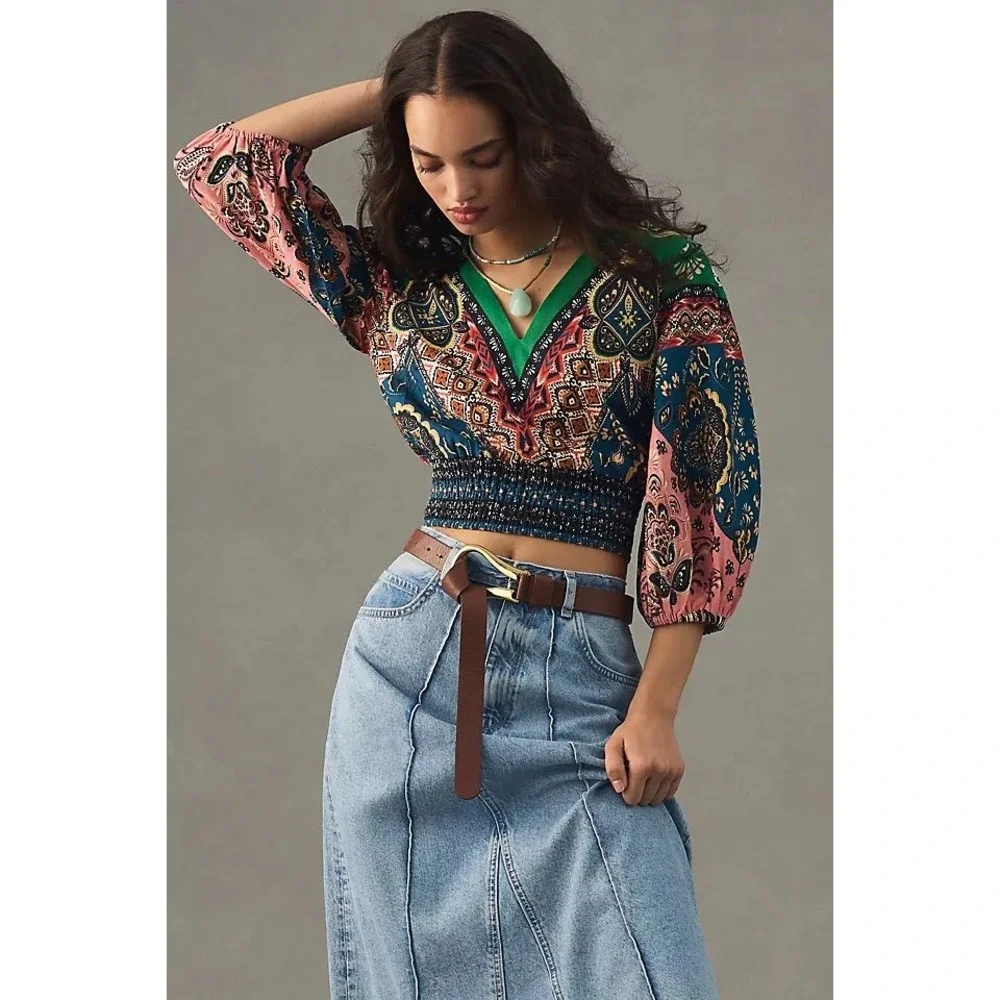 Farm Rio for Anthropologie Deep-V PuffSleeve Top Boho Print Smocked Blouse Small
